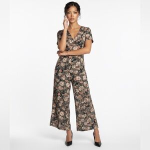 Leslie Ashton Green floral button up wide Leg Ankle short sleeve jumpsuit Small